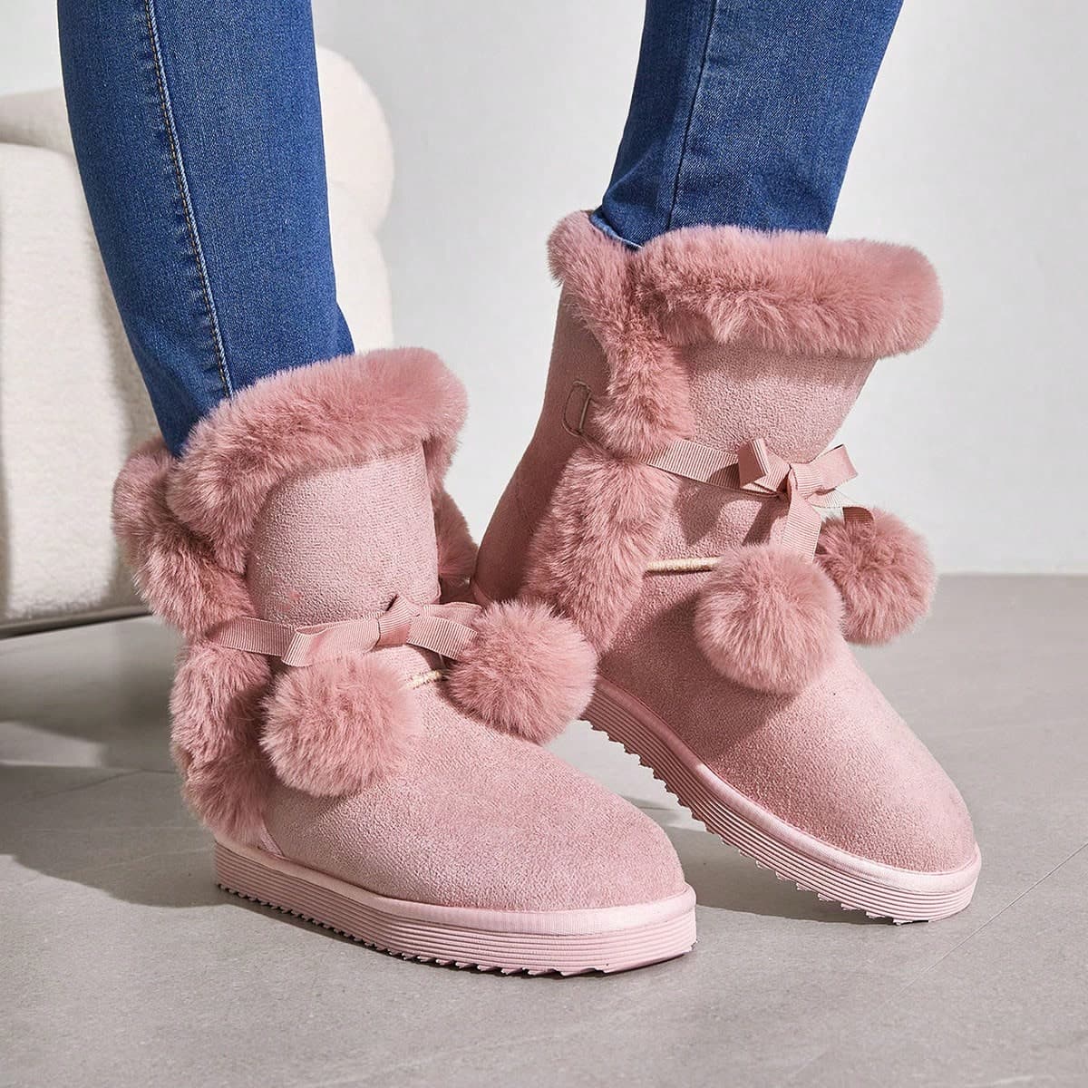 Bottes roses chaudes Ã enfiler pour femme avec dÃ©coration de pompons, Ã la mode pour la neige synthÃ©tique pour les vacances et les soldes d'Ã©tÃ©